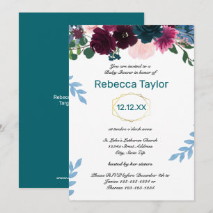 Floral Blooms Teal Vertical - Baby Shower Invitation
