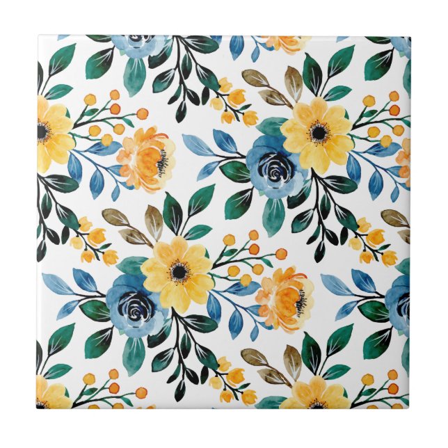 Floral blossom (4.25 x 4.25) blue yellow flowers tile (Front)