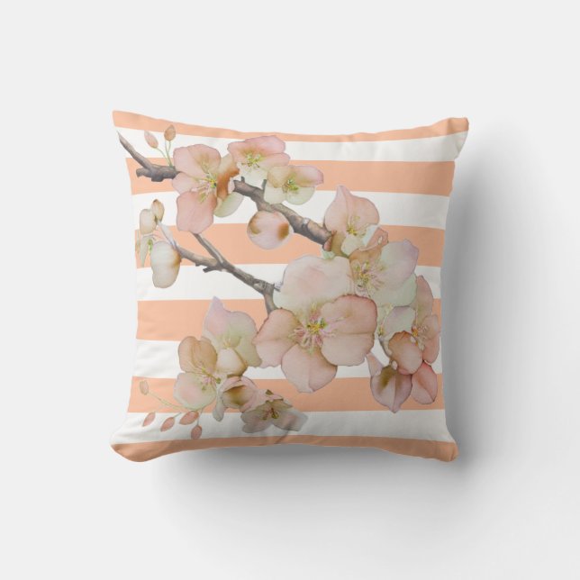 Floral blossoms soft orange peach white strips cushion (Front)