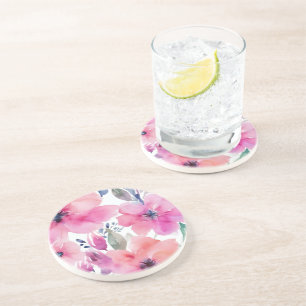 Floral Blossoms Watercolor Pink Flowers Painted Coaster