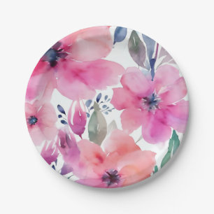 Floral Blossoms   Watercolor Pink Flowers Painted Paper Plate