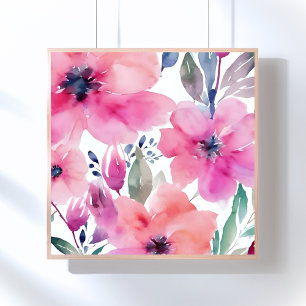 Floral Blossoms   Watercolor Pink Flowers Painted Poster