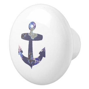 Floral Blue Anchor on White Nautical Drawer knob