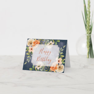 Floral Blue and Orange Happy Birthday Card
