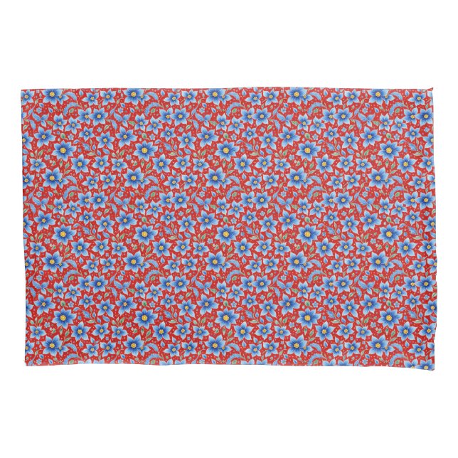 Floral Blue and Red Provencal Print Pillowcase (Front)