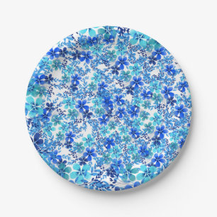 Floral Blue and Turquoise Garden Paper Plate