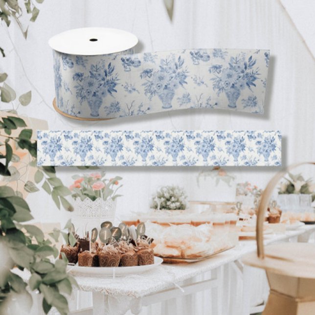 Floral Blue and White Chinoiserie Vases Bridal Satin Ribbon (Creator Uploaded)