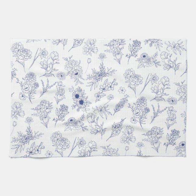 Floral Blue and White Classical Tea Towel (Horizontal)