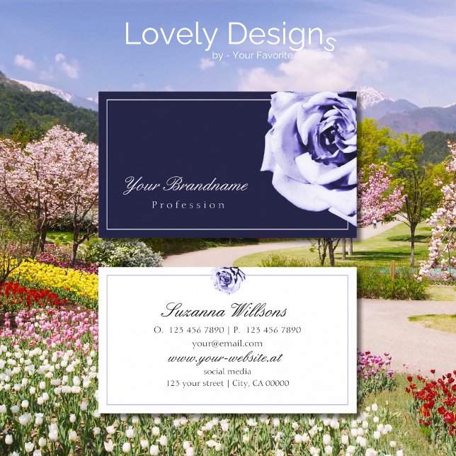 Floral Blue and White Cute Rose Eye Catching Business Card (Creator Uploaded)