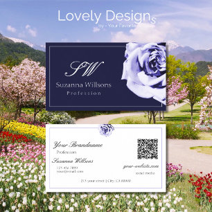 Floral Blue and White Cute Rose Initials QR Code Business Card