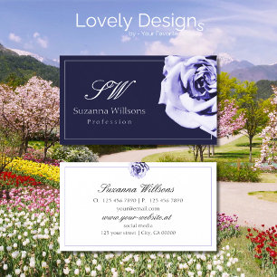 Floral Blue and White Cute Rose with Initials  Business Card