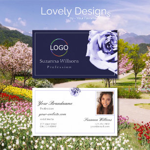 Floral Blue and White Cute Rose with Logo Photo Business Card