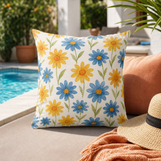 Floral Blue and Yellow Daisies Watercolor Cushion