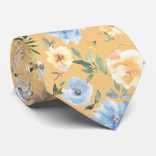 Floral Blue and Yellow Flowers Neck Tie Necktie (Rolled)