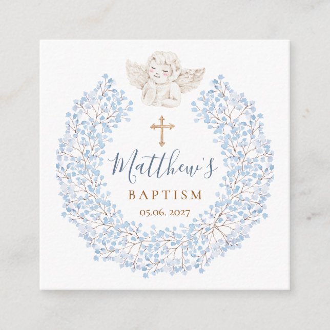 Floral Blue Baby Angel Cross Baptism Enclosure Card (Front)