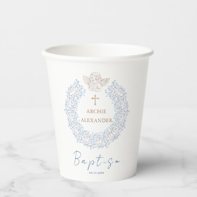 Floral Blue Baby Angel Cross Baptism Paper Cups (Front)