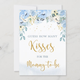 Floral Blue Baby Shower Guess How Many Kisses Game Invitation