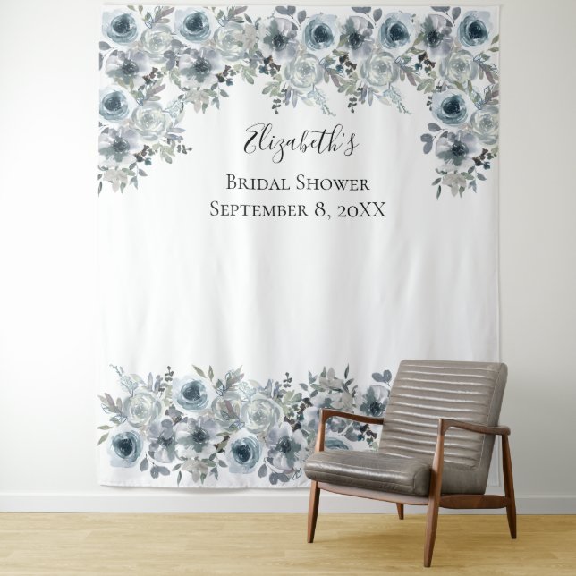 Floral Blue  Backdrop Photo Prop Bridal Shower  Tapestry (In Situ)