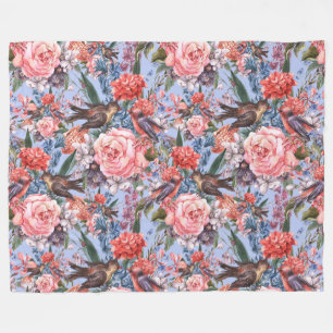 Floral Blue Background Roses Hyacinth Wild Flowers Fleece Blanket