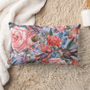 Floral Blue Background Roses Hyacinth Wild Flowers Lumbar Cushion