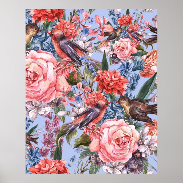 Floral Blue Background Roses Hyacinth Wild Flowers Poster (Front)