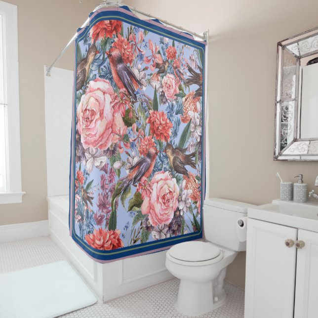Floral Blue Background Roses Hyacinth Wild Flowers Shower Curtain (In Situ)