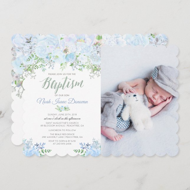 Floral Blue Baptism Christening Invitation (Front/Back)