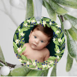 Floral Blue Berries Greenery Wreath Photo Ceramic Tree Decoration<br><div class="desc">Beautiful floral Christmas ornament with your photo inside a floral berry wreath of sage green greenery,  white flowers,  and blue berries. Add your baby's name and the year on the back.</div>