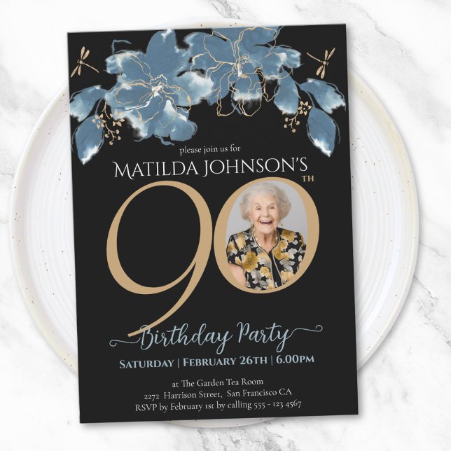 Floral Blue Black Gold Photo 90th Birthday Party Invitation (Floral Blue Black Gold Photo 90th Birthday Party Invitation)