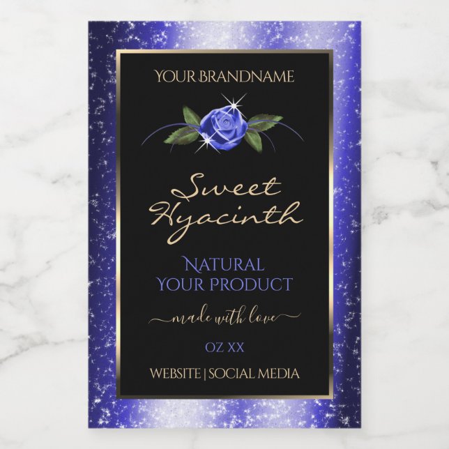 Floral Blue Black Product Labels Glittered Stars (Single Label)