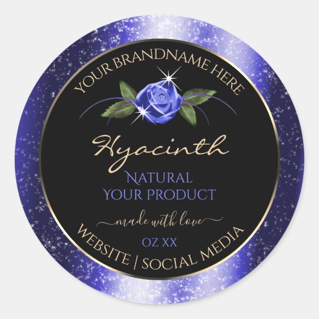 Floral Blue Black Product Labels Glittered Stars (Front)