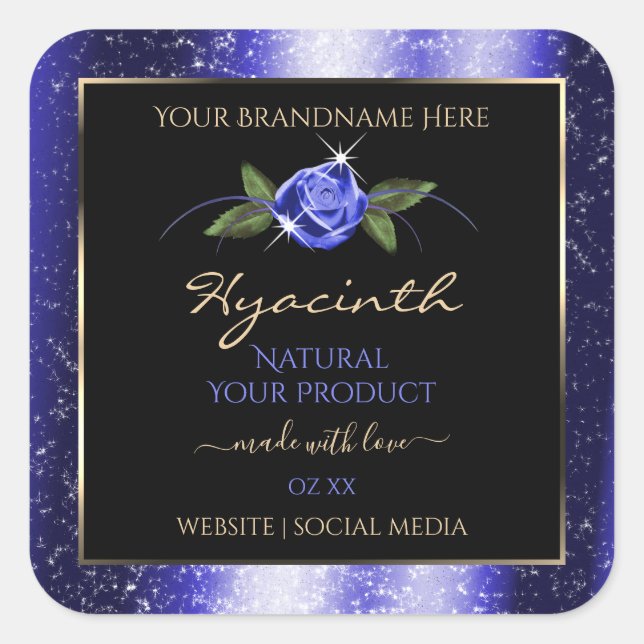 Floral Blue Black Product Labels Glittered Stars (Front)