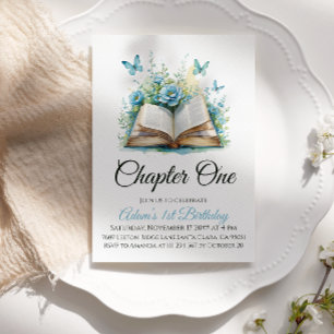 Floral Blue Book Boy Chapter One 1st Birthday Invitation