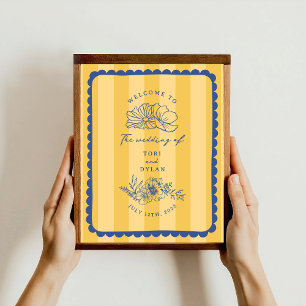 Floral Blue Border Stripe Wedding Welcome Poster