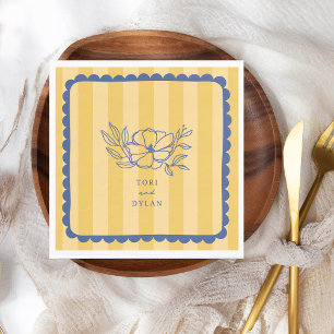 Floral Blue Botanical Stripe Wedding Napkin