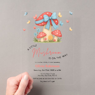Floral Blue Bow A Little Mushroom Baby Shower Acrylic Invitations