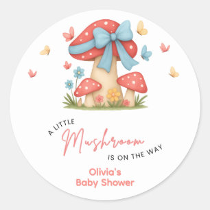 Floral Blue Bow A Little Mushroom Baby Shower Classic Round Sticker
