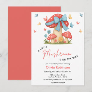 Floral Blue Bow A Little Mushroom Baby Shower Invitation
