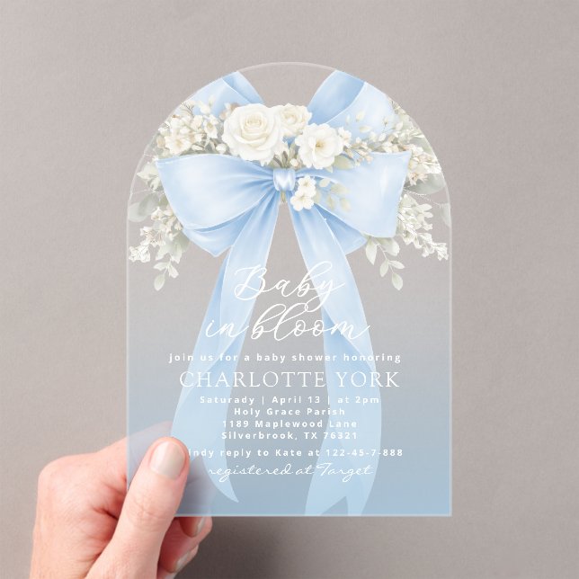 Floral Blue Bow Baby in Bloom Boy Baby Shower Acrylic Invitations (Insitu (Handheld))
