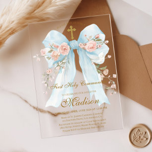 Floral Blue Bow First Holy Communion Girl Acrylic Invitations