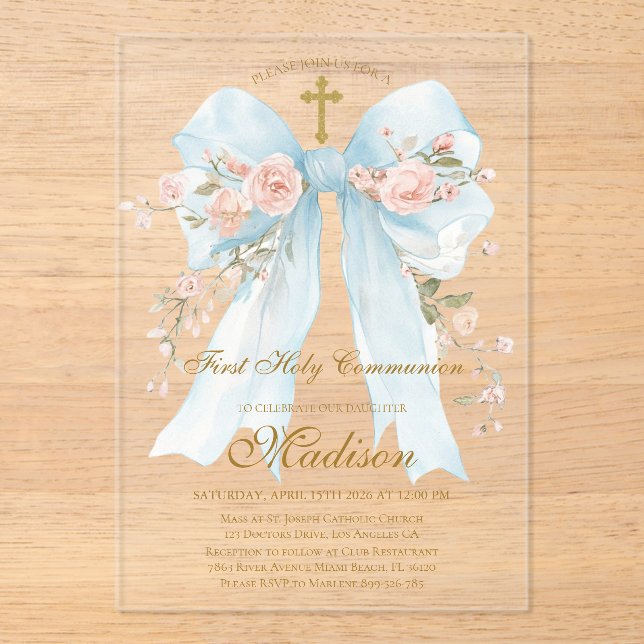 Floral Blue Bow First Holy Communion Girl Acrylic Invitations (Front)
