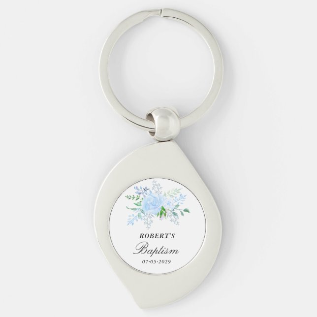 Floral Blue Boy Baptism Favour Key Ring (Front)