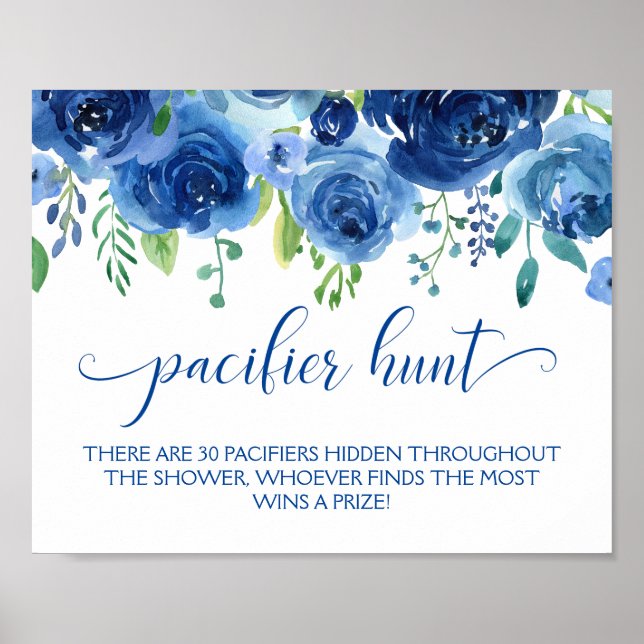 Floral Blue Boy Pacifier Hunt Baby Shower Game Poster (Front)
