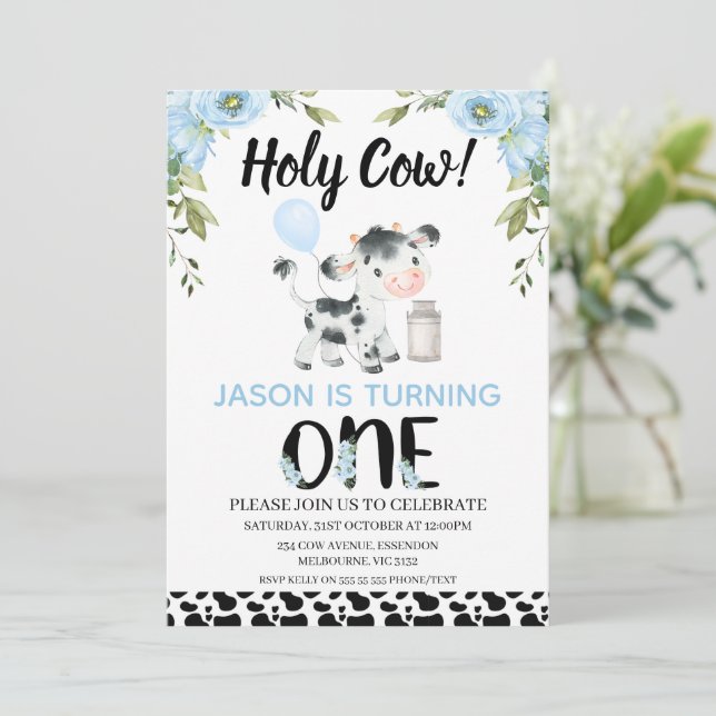 Floral Blue Boys Cow Print Holy Cow 1st Birthday Invitation (Standing Front)