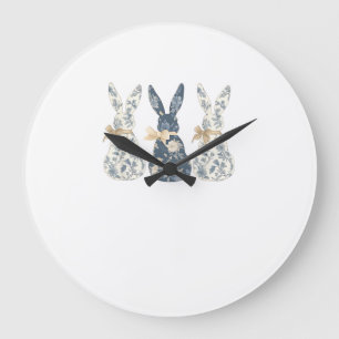 Floral Blue Bunny Cute Happy Easter Day Coquette B Large Clock