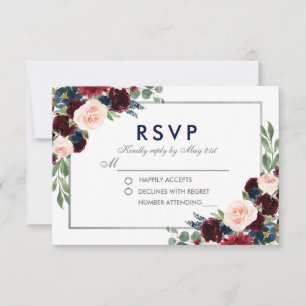 Floral Blue Burgundy Wedding Silver RSVP Card