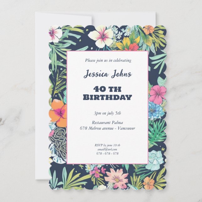 Floral blue cactus greenery 40th invitation (Front)