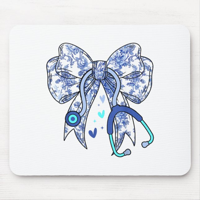 Floral Blue Coquette Bow Nurse Stethoscope Medical Mouse Pad (Front)