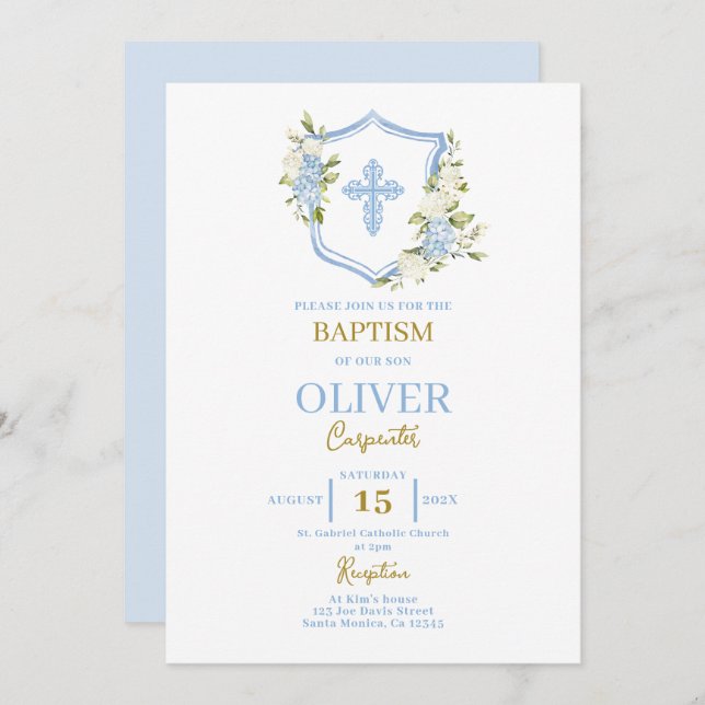 Floral Blue Crest Baptism Invitation (Front/Back)