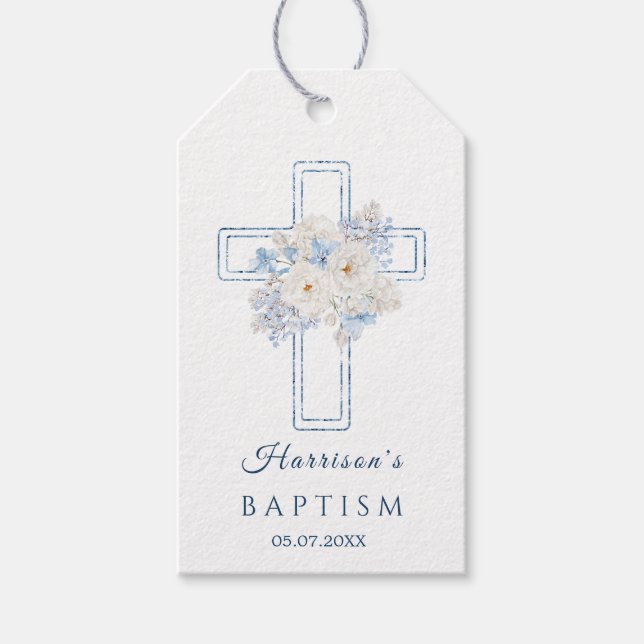 Floral Blue Cross Baptism Gift Tag (Front)